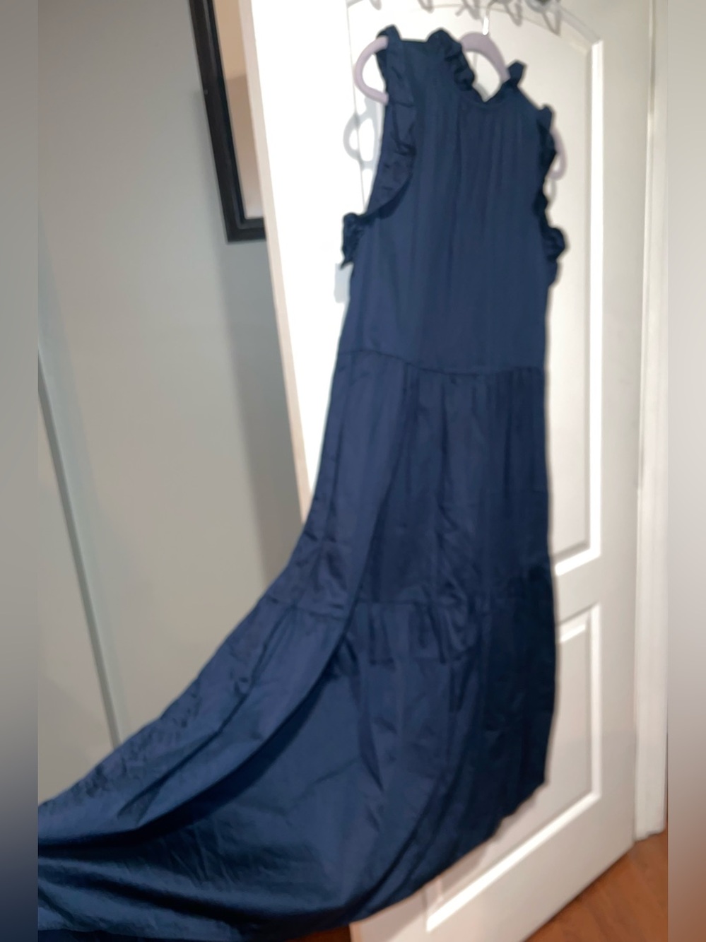 New! Felicite Cotton Ruffle Tiered Sleeveless Navy Midi Dress 💙 Large - Picture 4 of 8